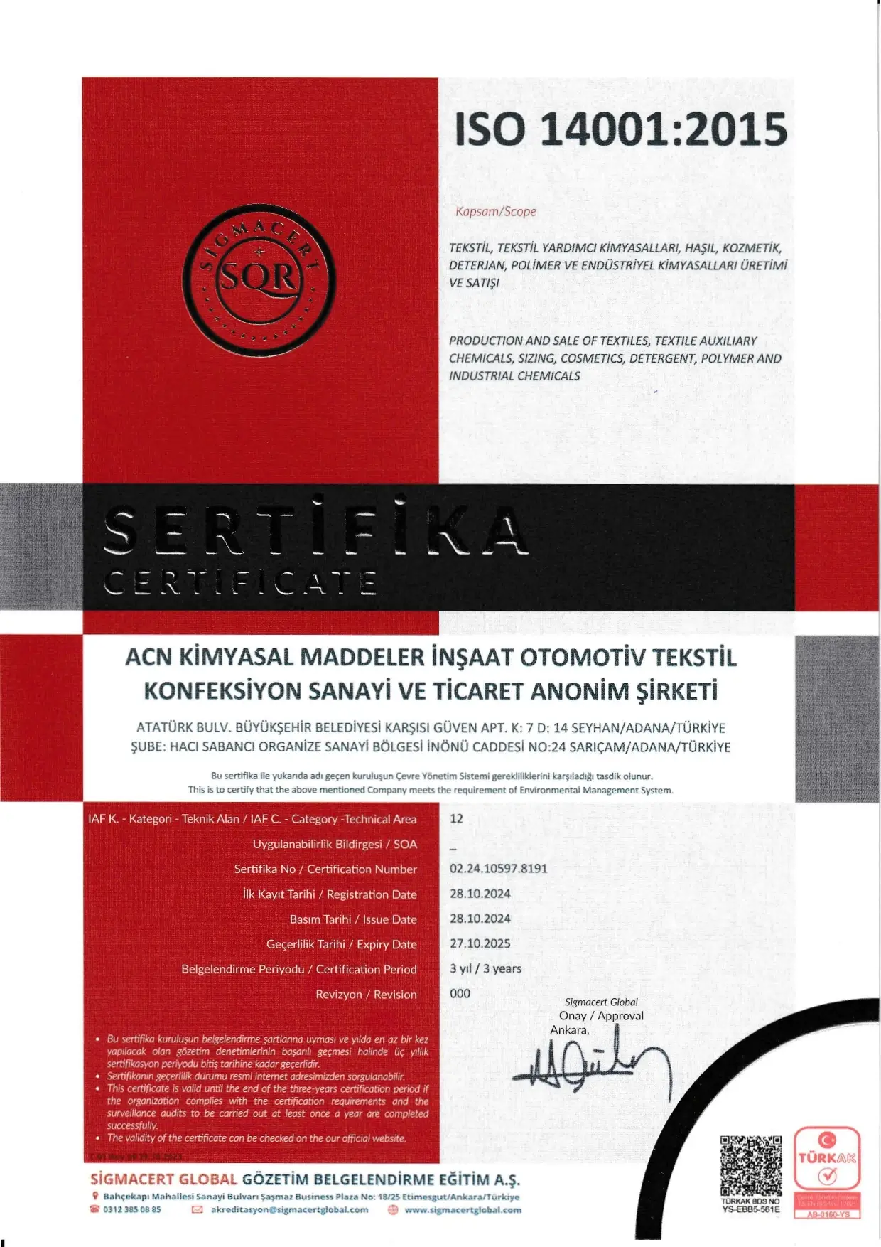 ISO 9001 Kalite Yönetim Sistemi Sertifikası